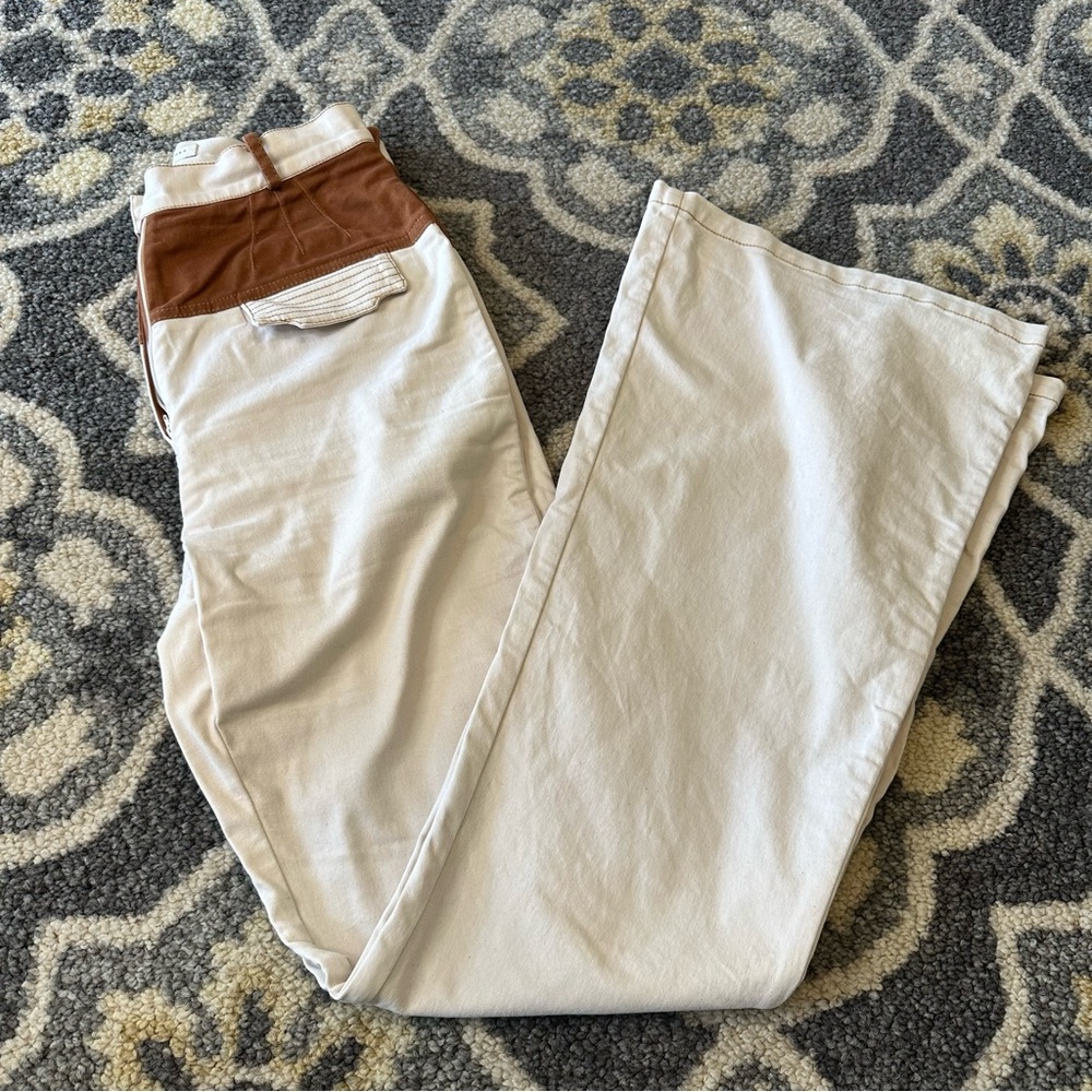Anthropologie Cream Wide-Leg Pants with Brown Accent